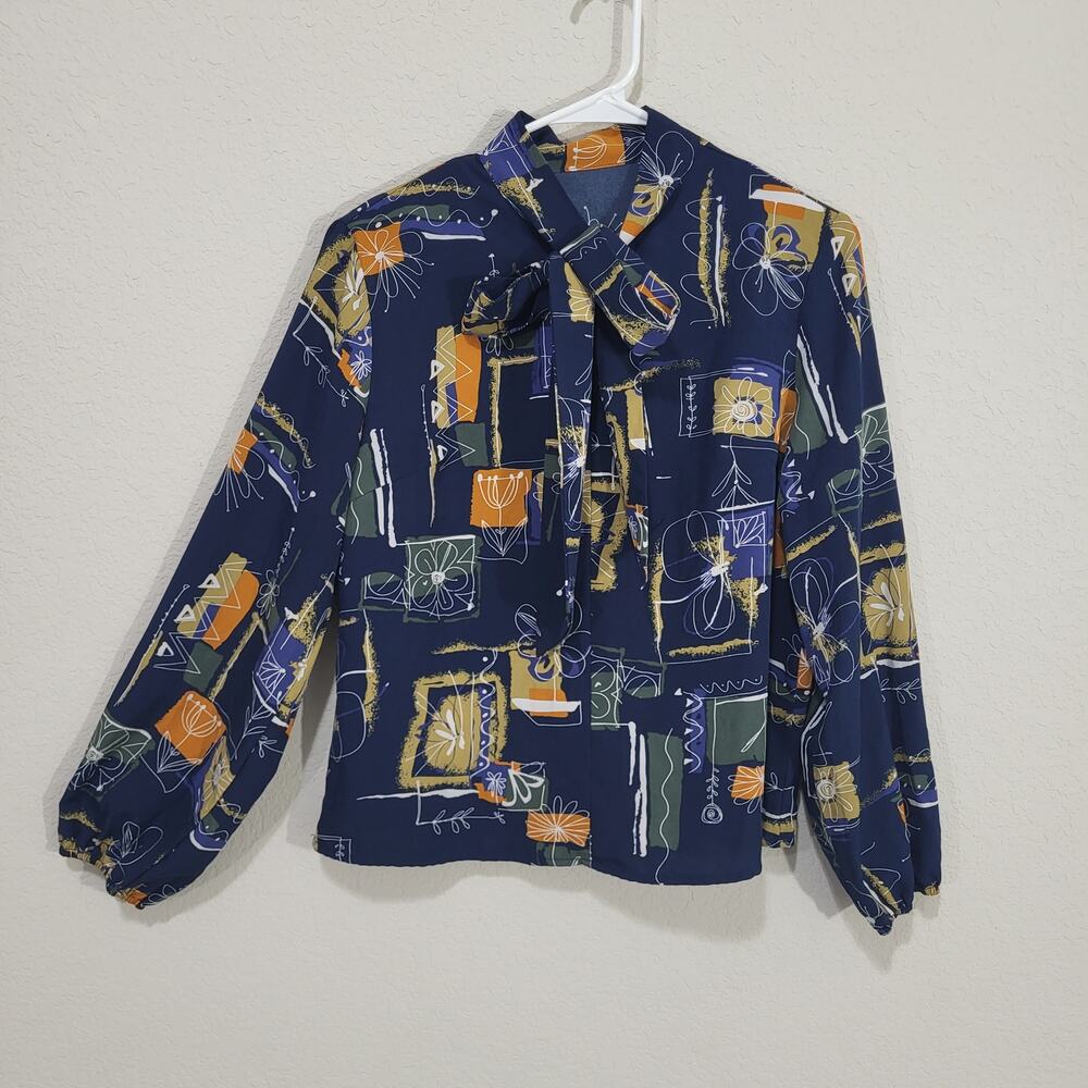 Shein Blouse Womens Size Medium Blue Floral Abstract Bow Neckline Long Sleeve